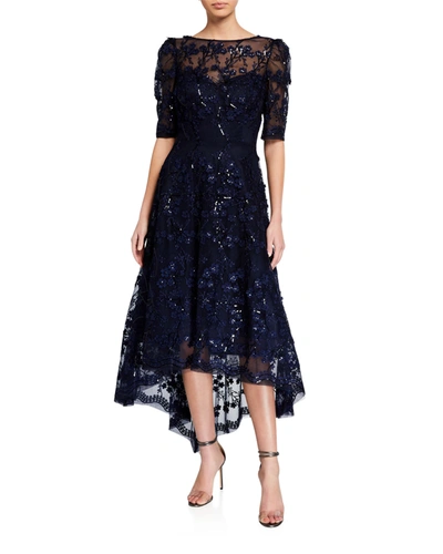 RICKIE FREEMAN FOR TERI JON 3D EMBELLISHED LACE HIGH-LOW TULLE DRESS PROD230620310