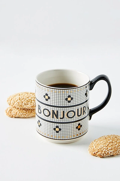 Anthropologie Bistro Tile Bonjour Mug In Black