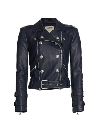 L Agence Billie Belted Leather Jacket Midnight In Navy