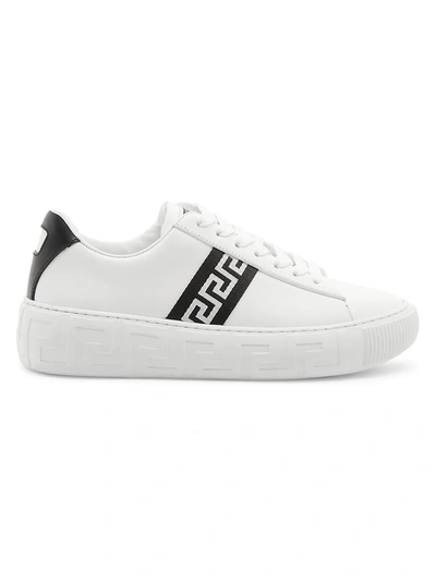 Versace Women's La Greca Ribbon-trim Leather Sneakers In White Black