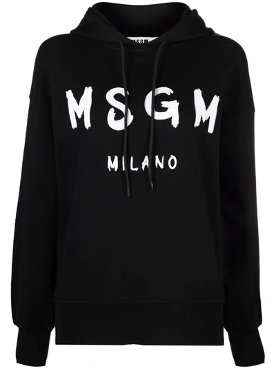Msgm Logo Print Drawstring Hoodie In Nero