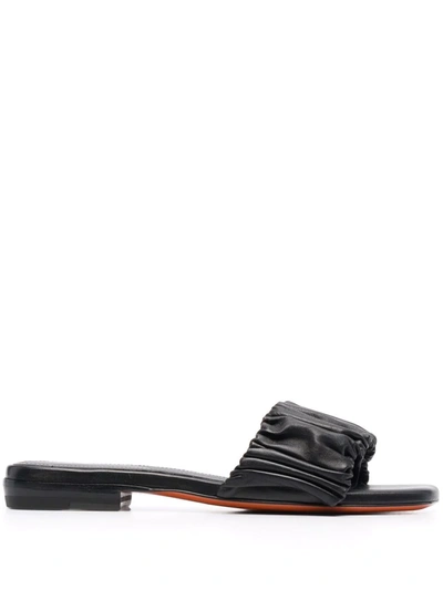 Santoni Allonge Ruched Leather Slide Sandals In Black