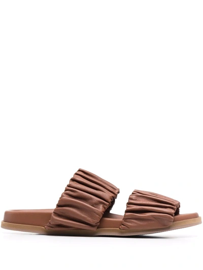 Santoni Ruched Leather Sandals In Braun