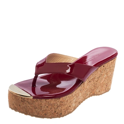Pre-owned Jimmy Choo Maroon Patent Leather Pathos Cork Wedge Slides Size 36.5 In Red
