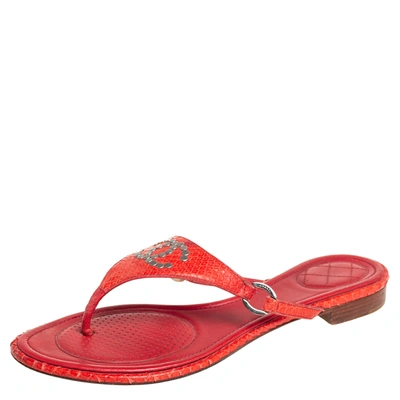 Pre-owned Chanel Red Python Cc Flat Thong Sandals Size 39.5