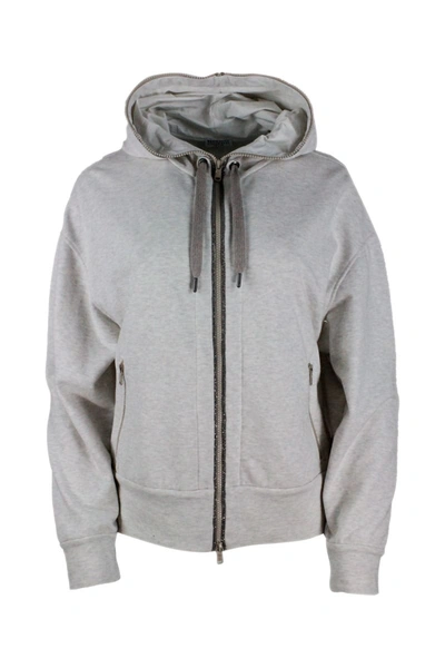 Brunello Cucinelli Cotton Sweatshirt With Zip Closure And Hood All Edged With Rows Of Monili In Grey