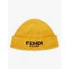 FENDI MENS YELLOW ROMA LOGO-KNITTED COTTON AND CASHMERE-BLEND BEANIE HAT,R03742384