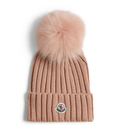 Moncler Women's Fur-trimmed Ribbed-knit Wool Beanie In Pink
