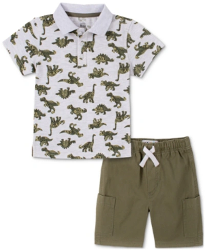 Kids Headquarters Kids' Little Boys 2-piece Dinosaur Print Short Sleeve Polo Shirt And Twill Shorts Set In Green