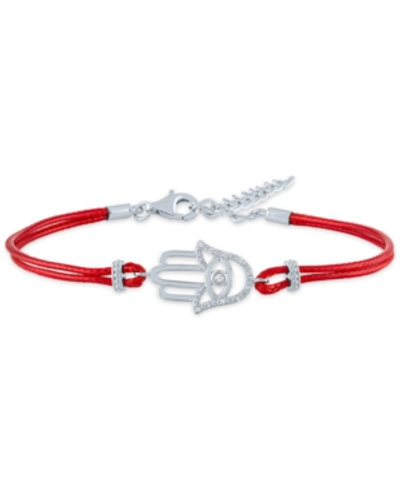 Macy's Diamond Accent Hamsa Hand Red Cord Bracelet In Sterling Silver