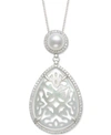 BELLE DE MER CULTURED FRESHWATER PEARL (6MM), CARVED MOTHER-OF-PEARL, & CUBIC ZIRCONIA 18" PENDANT NECKLACE IN ST