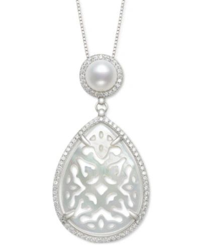 Belle De Mer Cultured Freshwater Pearl (6mm), Carved Mother-of-pearl, & Cubic Zirconia 18" Pendant Necklace In St In Sterling Silver