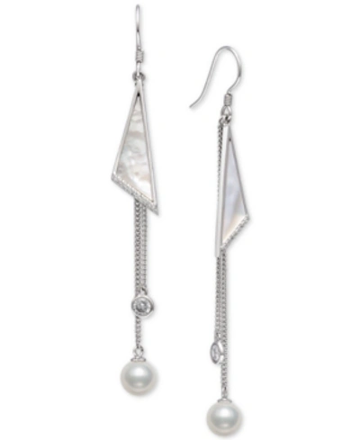 Belle De Mer Cultured Freshwater Pearl (6mm), Mother-of-pearl, & Cubic Zirconia Chain Drop Earrings In Sterling Silver
