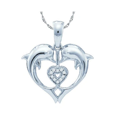 Dazzling Rock Dazzlingrock Collection 10kt White Gold Womens Round Diamond Double Dolphin Heart Pendant .03 Cttw In Gold Tone,silver Tone,white
