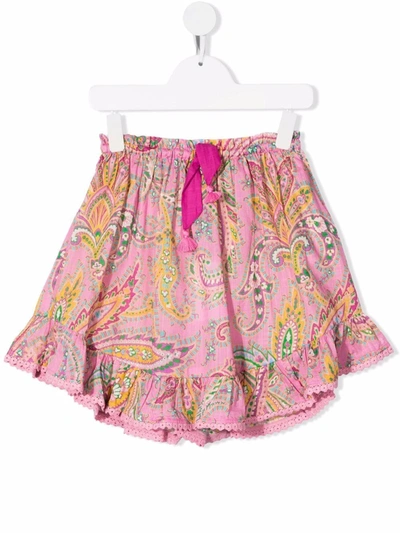 Zimmermann Kids' Teddy Paisley Ruffle Cotton Skirt In Розовый