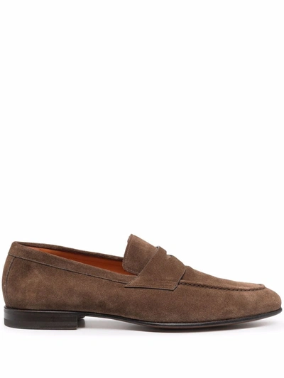 Santoni Suede Carlos Penny Loafers In Brown