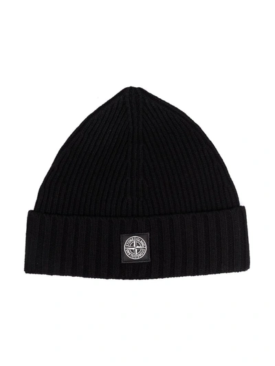 Stone Island Junior Kids' Compass Logo Patch Beanie Hat In Nero