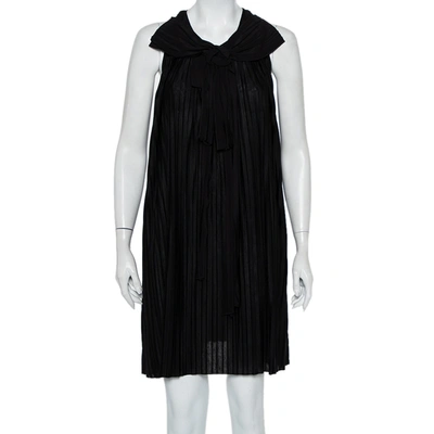 Pre-owned Chloé Black Pleated Silk Bow Detail Flared Noir Dress Xs