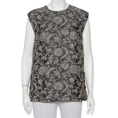 Pre-owned Dolce & Gabbana Grey Lurex Floral Jacquard Embellished Button Detail Sleeveless Top S