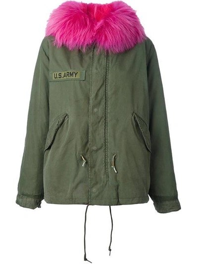 As65 Contrast Furred Collar Parka Coat In Green