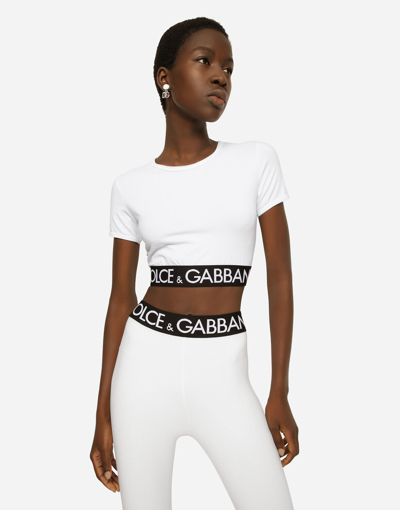 Dolce & Gabbana Short-sleeve Branded Elastic Cotton Crop Top In White