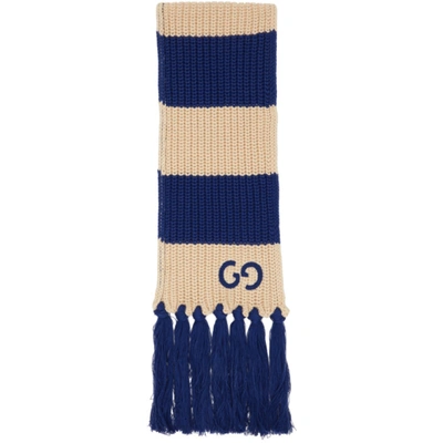 Gucci Fringed Striped Logo-embroidered Ribbed Cotton Scarf In 아이보리,블루