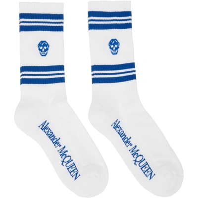 Alexander Mcqueen White & Blue Skull Sport Socks In 9143 Ash/argento