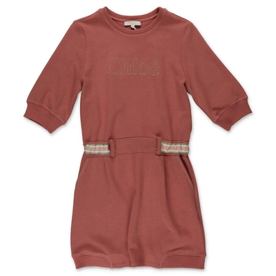 Chloé Kids Logo Embroidered Sweatshirt Dress In Red