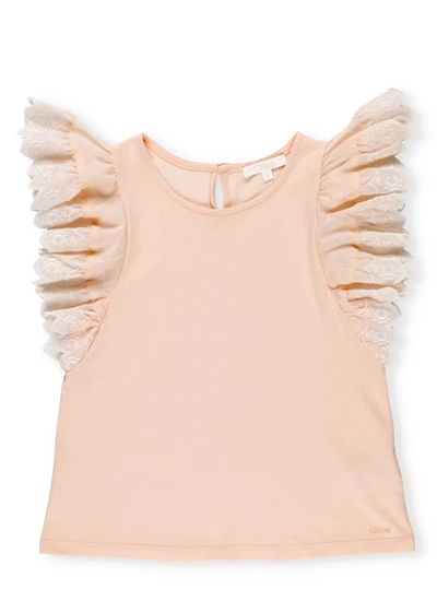 Chloé Kids Ruffled Lace Sleeve T In Pink