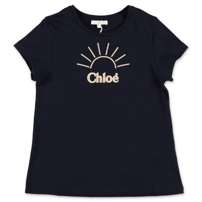 Chloé Kids Logo Sun Embroidered T In Navy