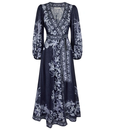 Zimmermann Aliane Floral-print Cotton-gauze Wrap Midi Dress In Blue