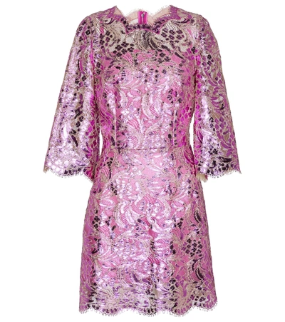 Dolce & Gabbana Mini Dress In Laminated Effect Lace In Purple