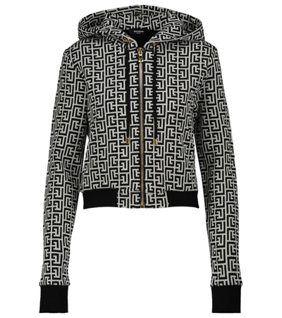 Balmain Monogram-print Cropped Full-zip Hoodie In Neutrals