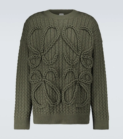 Loewe Anagram-crochet Cabled-wool Sweater In Khaki