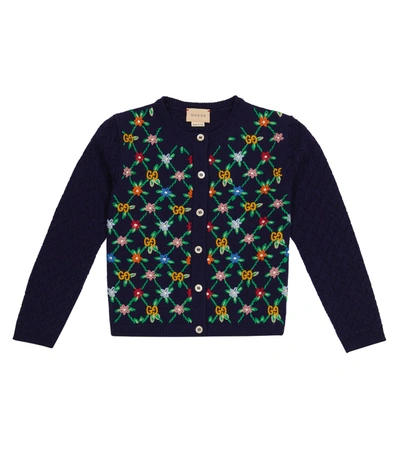 Gucci Kids' Embroidered Wool-blend Cardigan In Blue