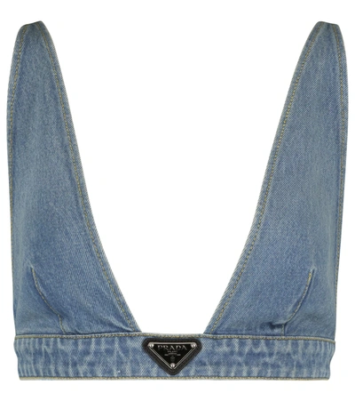 Prada Logo Denim Bralette In Blue