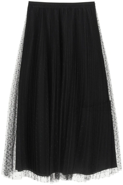 Red Valentino Pleated Tulle Point Desprit Midi Skirt In Black