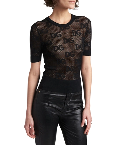 Dolce & Gabbana 18gg Intarsia-logo Lace Short-sleeve Sweater In Black