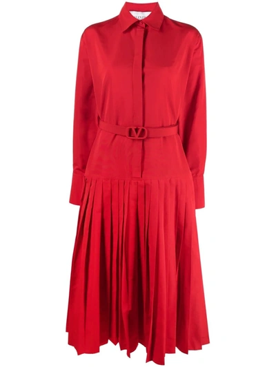 Valentino Belted Pleated Cotton-blend Faille Midi Shirt Dress In Red