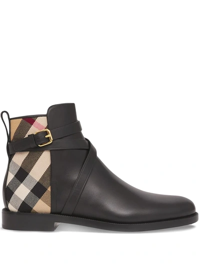 Burberry House Check Panel Ankle Boots In Schwarz