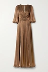 COSTARELLOS MIRA BELTED METALLIC PLISSÉ-GEORGETTE GOWN