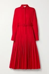 VALENTINO BELTED PLEATED COTTON-BLEND FAILLE MIDI SHIRT DRESS