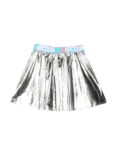 Gcds Teen Metallic-effect Logo-band Skirt In Silver