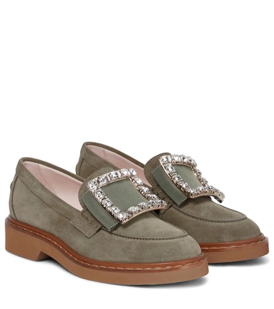 Roger Vivier Viv' Rangers Suede Loafers With Crystal Buckle In Hunter