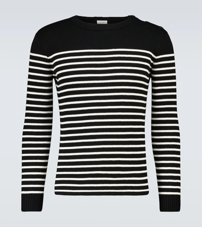 Saint Laurent Button-embellished Striped Cotton And Wool-blend Jumper In Black