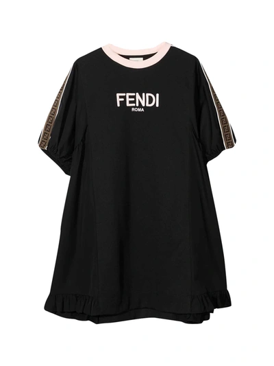 Fendi Kids Logo Printed Ruffled Hem Dress In Black