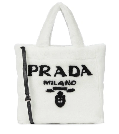 Prada Medium Logo Shearling Tote In White