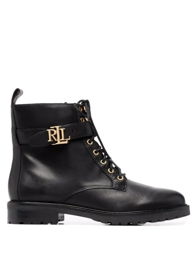 Ralph Lauren Burnished Logo-plaque Lace-up Leather Boots In Black