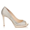 Jimmy Choo Luna 100 Champagne Glitter Fabric Peep Toe Platform Pumps