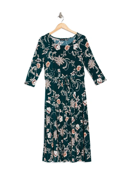 Nina Leonard Floral Scoop Neck Midi Dress In Teal Rust